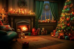 accogliente vivente camera con camino e bellissimo Natale albero nel classico interno. interno di vivente camera decorato per allegro Natale con calzini, regalo scatole e Natale Accessori di ai generato foto