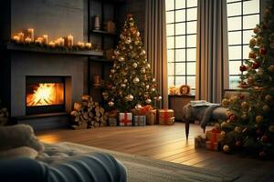 accogliente vivente camera con camino e bellissimo Natale albero nel classico interno. interno di vivente camera decorato per allegro Natale con calzini, regalo scatole e Natale Accessori di ai generato foto