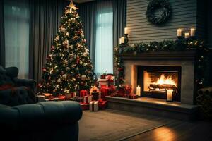 accogliente vivente camera con camino e bellissimo Natale albero nel classico interno. interno di vivente camera decorato per allegro Natale con calzini, regalo scatole e Natale Accessori di ai generato foto