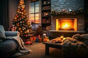 accogliente vivente camera con camino e bellissimo Natale albero nel classico interno. interno di vivente camera decorato per allegro Natale con calzini, regalo scatole e Natale Accessori di ai generato foto