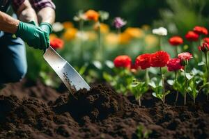 un' uomo è scavando sporco nel un' fiore giardino. ai-generato foto