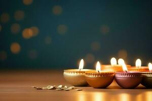 contento Diwali o Deepavali tradizionale indiano Festival con argilla diya olio lampada. indiano indù Festival di leggero simbolo con candela e luce. argilla diya lampada illuminato durante Diwali celebrazione di ai generato foto