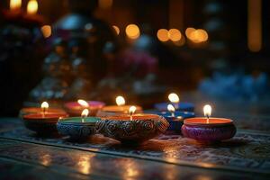 contento Diwali o Deepavali tradizionale indiano Festival con argilla diya olio lampada. indiano indù Festival di leggero simbolo con candela e luce. argilla diya lampada illuminato durante Diwali celebrazione di ai generato foto