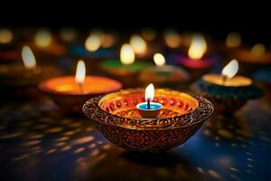 contento Diwali o Deepavali tradizionale indiano Festival con argilla diya olio lampada. indiano indù Festival di leggero simbolo con candela e luce. argilla diya lampada illuminato durante Diwali celebrazione di ai generato foto