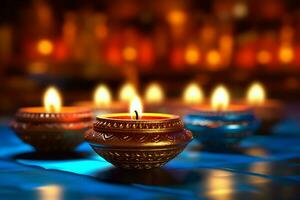 contento Diwali o Deepavali tradizionale indiano Festival con argilla diya olio lampada. indiano indù Festival di leggero simbolo con candela e luce. argilla diya lampada illuminato durante Diwali celebrazione di ai generato foto