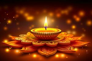 contento Diwali o Deepavali tradizionale indiano Festival con argilla diya olio lampada. indiano indù Festival di leggero simbolo con candela e luce. argilla diya lampada illuminato durante Diwali celebrazione di ai generato foto