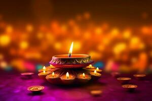 contento Diwali o Deepavali tradizionale indiano Festival con argilla diya olio lampada. indiano indù Festival di leggero simbolo con candela e luce. argilla diya lampada illuminato durante Diwali celebrazione di ai generato foto