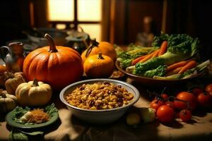 ringraziamento giorno o autunno composizione con zucca, arance, le foglie o pollo. ringraziamento cibo concetto di ai generato foto