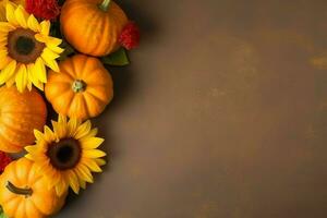 ringraziamento giorno o autunno composizione con zucca, arance, le foglie o pollo. ringraziamento cibo concetto di ai generato foto