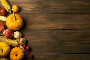 ringraziamento giorno o autunno composizione con zucca, arance, le foglie o pollo. ringraziamento cibo concetto di ai generato foto