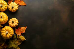 ringraziamento giorno o autunno composizione con zucca, arance, le foglie o pollo. ringraziamento cibo concetto di ai generato foto