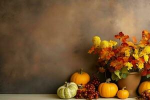 ringraziamento giorno o autunno composizione con zucca, arance, le foglie o pollo. ringraziamento cibo concetto di ai generato foto