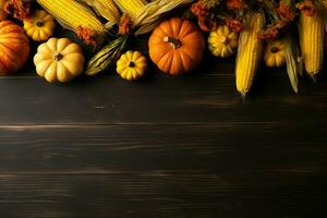 ringraziamento giorno o autunno composizione con zucca, arance, le foglie o pollo. ringraziamento cibo concetto di ai generato foto