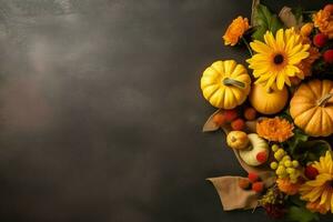 ringraziamento giorno o autunno composizione con zucca, arance, le foglie o pollo. ringraziamento cibo concetto di ai generato foto