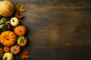 ringraziamento giorno o autunno composizione con zucca, arance, le foglie o pollo. ringraziamento cibo concetto di ai generato foto