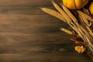 ringraziamento giorno o autunno composizione con zucca, arance, le foglie o pollo. ringraziamento cibo concetto di ai generato foto