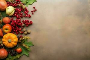 ringraziamento giorno o autunno composizione con zucca, arance, le foglie o pollo. ringraziamento cibo concetto di ai generato foto