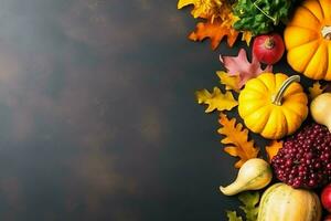 ringraziamento giorno o autunno composizione con zucca, arance, le foglie o pollo. ringraziamento cibo concetto di ai generato foto