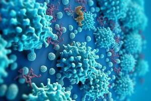 3d rendere di un' medico con virus cellule batteri. multiplo realistico coronavirus particelle galleggiante concetto di ai generato foto