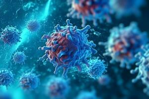 3d rendere di un' medico con virus cellule batteri. multiplo realistico coronavirus particelle galleggiante concetto di ai generato foto