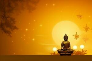 un' Budda si siede nel nel Vesak Budda purnima giorno con copia spazio. sfondo per Vesak Festival giorno concetto. Vesak celebrazione giorno saluti concetto di ai generato foto