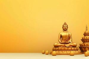 un' Budda si siede nel nel Vesak Budda purnima giorno con copia spazio. sfondo per Vesak Festival giorno concetto. Vesak celebrazione giorno saluti concetto di ai generato foto