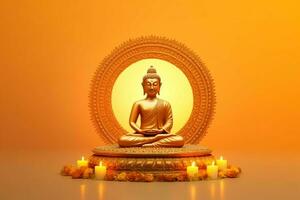 un' Budda si siede nel nel Vesak Budda purnima giorno con copia spazio. sfondo per Vesak Festival giorno concetto. Vesak celebrazione giorno saluti concetto di ai generato foto