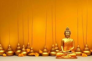 un' Budda si siede nel nel Vesak Budda purnima giorno con copia spazio. sfondo per Vesak Festival giorno concetto. Vesak celebrazione giorno saluti concetto di ai generato foto