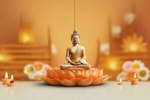 un' Budda si siede nel nel Vesak Budda purnima giorno con copia spazio. sfondo per Vesak Festival giorno concetto. Vesak celebrazione giorno saluti concetto di ai generato foto