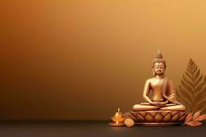 un' Budda si siede nel nel Vesak Budda purnima giorno con copia spazio. sfondo per Vesak Festival giorno concetto. Vesak celebrazione giorno saluti concetto di ai generato foto
