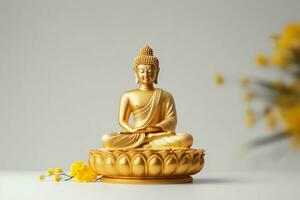 un' Budda si siede nel nel Vesak Budda purnima giorno con copia spazio. sfondo per Vesak Festival giorno concetto. Vesak celebrazione giorno saluti concetto di ai generato foto