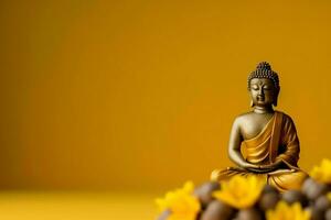 un' Budda si siede nel nel Vesak Budda purnima giorno con copia spazio. sfondo per Vesak Festival giorno concetto. Vesak celebrazione giorno saluti concetto di ai generato foto