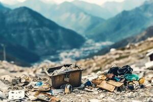 ambientale problema plastica spazzatura o spazzatura nel il montagna a partire dal globale riscaldamento. inquinamento concetto di ai generato foto