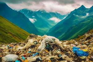 ambientale problema plastica spazzatura o spazzatura nel il montagna a partire dal globale riscaldamento. inquinamento concetto di ai generato foto