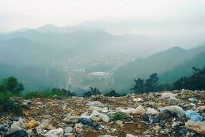 ambientale problema plastica spazzatura o spazzatura nel il montagna a partire dal globale riscaldamento. inquinamento concetto di ai generato foto