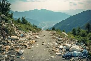 ambientale problema plastica spazzatura o spazzatura nel il montagna a partire dal globale riscaldamento. inquinamento concetto di ai generato foto