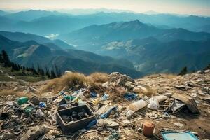 ambientale problema plastica spazzatura o spazzatura nel il montagna a partire dal globale riscaldamento. inquinamento concetto di ai generato foto