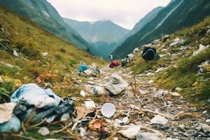 ambientale problema plastica spazzatura o spazzatura nel il montagna a partire dal globale riscaldamento. inquinamento concetto di ai generato foto