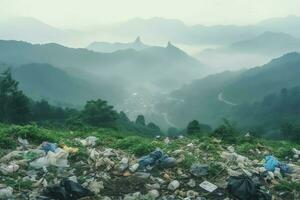 ambientale problema plastica spazzatura o spazzatura nel il montagna a partire dal globale riscaldamento. inquinamento concetto di ai generato foto