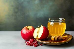 tradizionale cibo di ebraico nuovo anno vacanza di tradizione o religione. Rosh hashanah con copia spazio concetto di ai generato foto