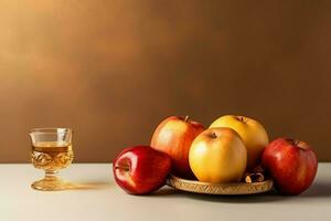 tradizionale cibo di ebraico nuovo anno vacanza di tradizione o religione. Rosh hashanah con copia spazio concetto di ai generato foto