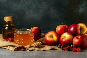 tradizionale cibo di ebraico nuovo anno vacanza di tradizione o religione. Rosh hashanah con copia spazio concetto di ai generato foto