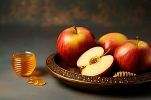 tradizionale cibo di ebraico nuovo anno vacanza di tradizione o religione. Rosh hashanah con copia spazio concetto di ai generato foto