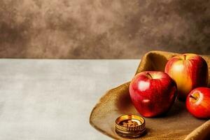 tradizionale cibo di ebraico nuovo anno vacanza di tradizione o religione. Rosh hashanah con copia spazio concetto di ai generato foto