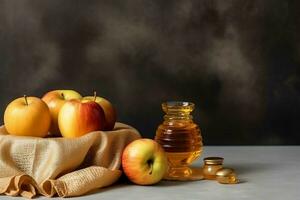 tradizionale cibo di ebraico nuovo anno vacanza di tradizione o religione. Rosh hashanah con copia spazio concetto di ai generato foto