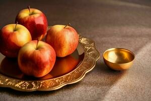 tradizionale cibo di ebraico nuovo anno vacanza di tradizione o religione. Rosh hashanah con copia spazio concetto di ai generato foto