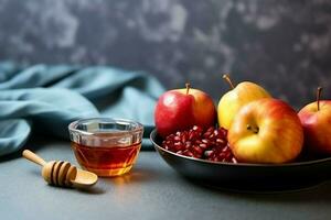 tradizionale cibo di ebraico nuovo anno vacanza di tradizione o religione. Rosh hashanah con copia spazio concetto di ai generato foto