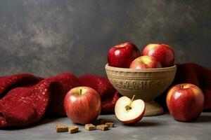 tradizionale cibo di ebraico nuovo anno vacanza di tradizione o religione. Rosh hashanah con copia spazio concetto di ai generato foto