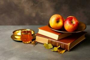 tradizionale cibo di ebraico nuovo anno vacanza di tradizione o religione. Rosh hashanah con copia spazio concetto di ai generato foto