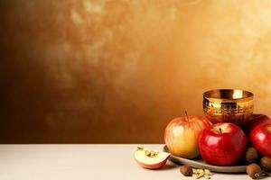 tradizionale cibo di ebraico nuovo anno vacanza di tradizione o religione. Rosh hashanah con copia spazio concetto di ai generato foto